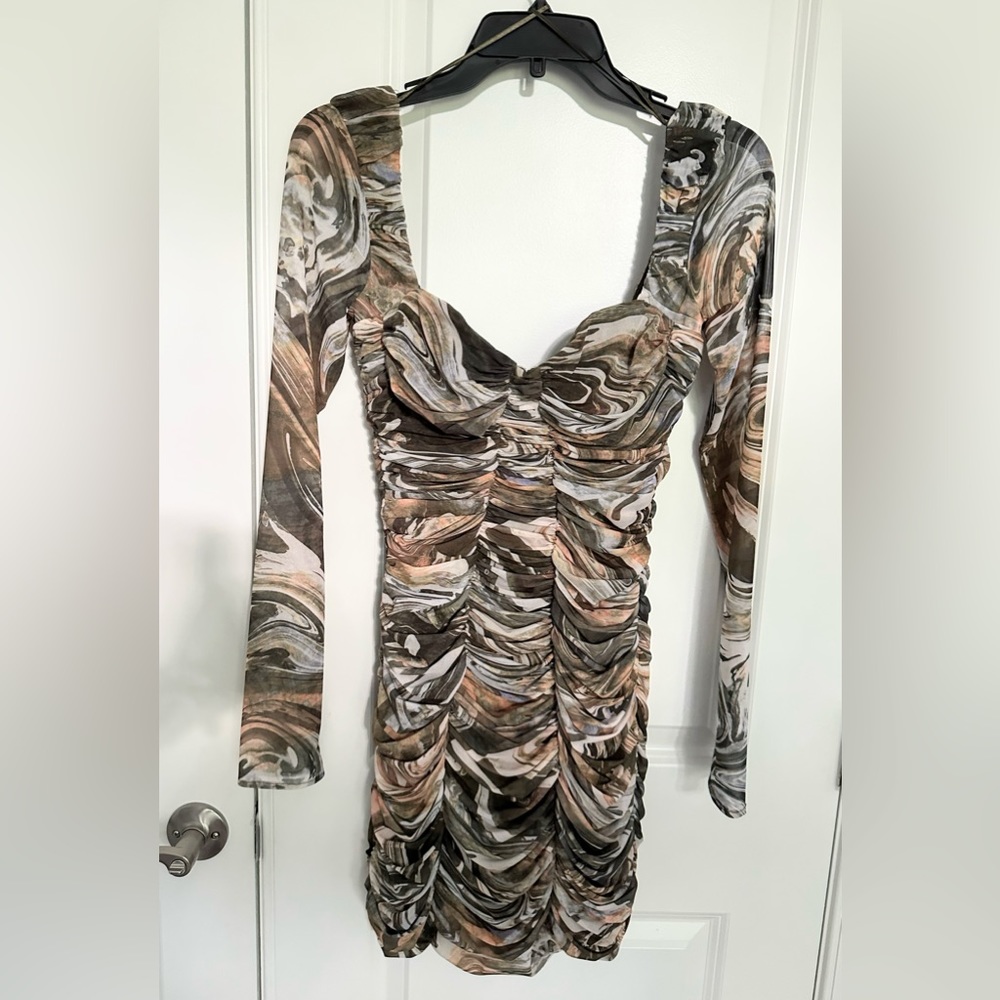 Zara abstract ruched body con long sleeve mini dress nwt size small